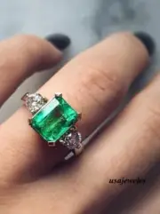 2.25CT Emerald Cut Real Emerald Wedding3-Stone Jewelry Ring 14K Yellow Gold Over
