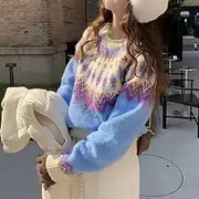 Women's Sweater Pullover Casual Floral Ribbed Crew Neck Knitted Print Long Sleeve Regular Tops Knit Holiday Going out Weekend Pink Blue Fall