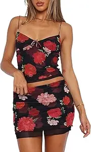 [ZREQV] Women's Summer 2 Piece Mesh Mini Skirt Sets Sexy Backless Strap Tops Y2K Sets Prints Going Out Suit Two Piece Outfits