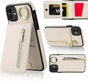 VENINGO iPhone 12/12 Pro Case with Card Holder,Multifunctional Protective Leather PU Case with 360° Ring Holder Kickstand, Large Capacity Card Package Wallet Case for iPhone 12/12 Pro,White