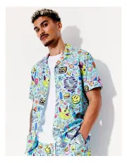 [Kenji] Illustrated Print Short Sleeve Rayon Shirt in Blue