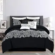 Linz 7-Piece Black/White Paisley Floral Scroll Embroidered Comforter Set, Queen