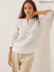 Monsoon White Rosa Bib 100% Linen Blouse (W27507) | $136