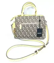 Dkny Paige Medium Satchel Bag Brown Yellow Canvas Crossbody Shoulder NWT $248