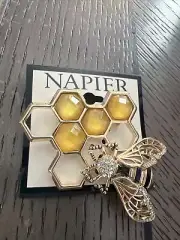 NEW Napier Honeybee Comb Gold Tone Brooch Pin with Rhinestones