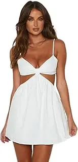 [Generic] Women's Cut Out Tie Backless Ruched Spaghetti Strap Mini Cami Dress