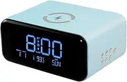 Wireless Charger Bluetooth Speaker Alarm Clock with Time/Week/Calendar/Temperature Display ABS Digital Alarm Clock Date, Blue, Three-in-one