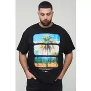 Mens Black Plus Oversized Palm Tree Landscape Print T-Shirt