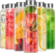 AYHOJIO 18oz Glass Water Bottle Set of 6 - Reusable, BPA Free, Leak Proof Drinking Bottles with Stainless Steel Lid - Clear Glass Water Bottle for Home, Office, Gym & Outdoors.