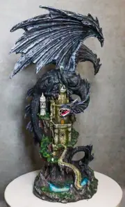Ebros Large 23.5" Tall Black Dragon Guarding Castle Atop A Rocky Cliff Statue