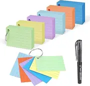 Pack of 600 Index Cards A8, Vocabulary Cards with 6 Binder Rings, Flashcards for Flexible Learning, Colourful Paper Cards, Robust Paper Material with Pen, 6 Vibrant Colours, Lined On The Go to School