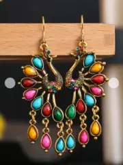 HIGH END NEW W TAG!! AMAZINGLY CHIC ELEGANT 4" PEACOCK BEADED DANGLING EARRINGS