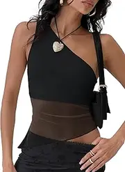 [KIGRAD] Women Y2k Off The Shoulder Sheer Mesh Crop Tank Tops Asymmetrical One Shoulder Fitted Sleeveless Cami Shirts