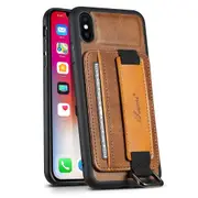H13 Hand Strap Kickstand Phone Case for iPhone XS Max Card Holder PU Leather Coated PC+TPU Cover