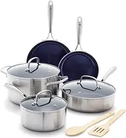[Blue Diamond] Stainless Clad Pro 10-Piece Cookware Set, Diamond Infused Nonstick, PFOA-Free, Oven Safe, Dishwasher Safe, Silver
