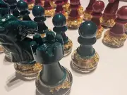 Chess Piece set - Emerald Green Luster and Fireball Red Pieces w Gold Leaf Base