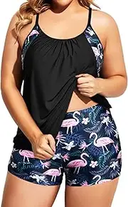 [Holipick] Women Plus Size Two Piece Tankini Swimsuits Tummy Control Bathing Suits Push Up Tankini Top with Shorts