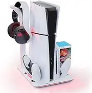 HONCAM Cooling Stand for PS5 Slim & PlayStation 5 Pro Console, Dual Controller Charging Station for PlayStation 5 Controllers, PS5 Accessories Incl. 7 RGB Light, Headset Holder, 5 Game Slots, White