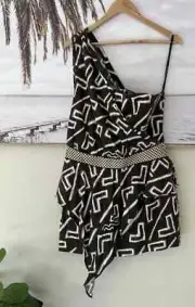 SASS & BIDE Brown Printed One Sleeve Arrow Asymmetrical Dress Size 14 12 BNWT