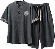 [JFBTHI] Men Kung Fu Sets Summer Cotton Linen Plus Size Martial Art Taichi Clothing Short Sleeve and Three-Quarter Pants grey-7XL