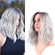 FAELBATY 14 Inch Curly Grey Wig Short bob Wigs Shoulder Length side part Women's Short Wig ombre color Synthetic Cosplay Wig for Girl Halloween Costume Wigs Ombre Purple Grey Color
