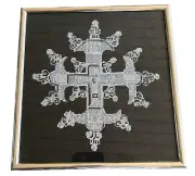 Petit Point Coptic Cross Black / Grey / Silver Metallic Thread Framed Vintage