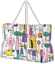 [Yoogain] Colorful Abstract Geometric Shapes Portable Beach Tote Bags with side pocketes Carry On Bag for Travel Gym Vacation, Colorful Abstract Geometric Shapes, 1 size