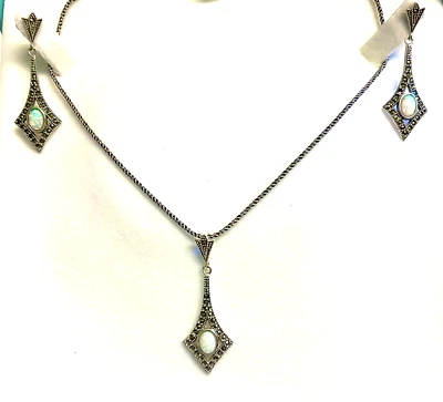 Sterling Silver Art Deco Fire Opal Marcasite Kite Pendant Necklace Earrings Set