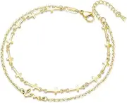 [mnmoom] Double Layer Cross Anklet for Women, Stainless Steel Love Charm, 10.6 Inch Adjustable Chain, Gold/Silver