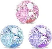 Whaline 3Pcs 16'' Mermaid Inflatable Beach Ball Glitter Pool PVC Balls Game Play Balloons for Summer Hawaiian Tropical Theme Beach Party Decorations Water Sand Game Accessory, Pink Blue Purple
