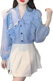 [Generic] Women's Bow Lace-Up Collar Shirt Long Sleeve Striped Chiffon Blouse Office Ladies Work Shirts