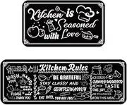 PH PandaHall Kitchen Rugs, Set of 2, Black Kitchen Mats, Kitchen Rules Theme Non-Slip Rug, Padded Standing Mat, Indoor Carpet, Outdoor Runner Rugs for Home, Floor, Entrance, Hallway, Laundry