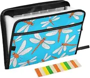 Cute Cartoon Animal Dragonfly File Folders Expanding 13 Pockets A4 Letter Size Folder with Pockets with Zipper Closure File Storage Organizer for Home Office Travel