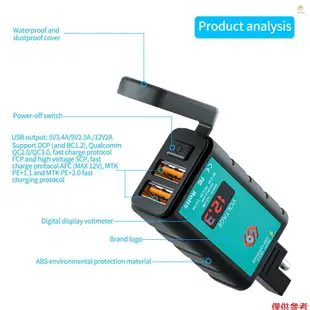 Casytw 摩托車 USB 充電器雙 USB 摩托車快速充電 3.0 帶電壓表 1.4m OT 延長線適用於 DC12