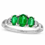 Oval Lab-Created Emerald and Diamond Accent Three Stone Ring in Solid 10K White Gold