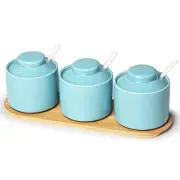 Porcelain Condiment Jar Set of 3 Spice with Tray, Ceramic Condiment Pot Spoon...