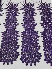 3D Bead Peacock Feathers - Purple - Vegas Sequins Design Fabric By Panel