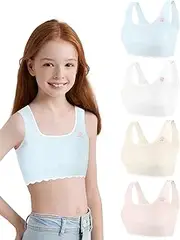 [Nubofy] Girls Training Bras Teen Cami Bra Kids Thin Layer of Sponge 8-10 10-12 12-14 Seamless Sests-4 Packs