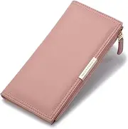 [ZUNGGWOK] Ladies Slim Wallet Multi Card Holder, Minimalist Leather Bifold Clutch Coin Purse with Zipper Pocket for Women(Pink)