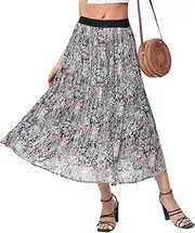 [Dwirapal] Women’s Floral Print Midi Skirts Chiffon Ethnic Elastic High Waist Casual Pleated Swing Skirts