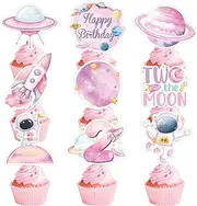 Space Birthday Decorations Cupcake Toppers - NOVBAUB 36PCS Space Party Decorations Cake Topper Two the Moon Astronaut Themed Birthday Cake Decorations for Girl Women Baby Shower Party Supplies