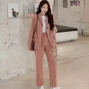 Set: Plain Blazer + Wide-Leg Dress Pants Pink - L