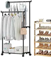 Double Metal Clothes Rack - Wheeled Clothes Rack, Multi-function Closet Organizer | Space Saving Adjustable Wardrobe Storage for Bedroom, Laundry Room, Suite
