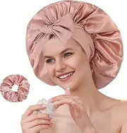 Satin Silk Bonnet Set for Women with Adjustable Soft Tie Band, Double Layer Hair Bonnet for Sleeping, Night Sleep Shower Cap, Cameo Brown