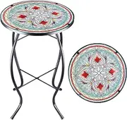 Patio Side Table Outdoor Mosaic Table Accent Coffee Table,End Table Small Porch Pink Flower Floral Table Indoor,Round Glass Balcony Small Porch Plant Table Stands for Garden Patio Living Room 14 Inch