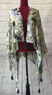 Shawl Wrap Kimono Green/Yellow Citron Flower Tasseled Demdaco Baxter Mill Woman