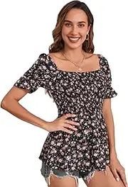 [BOYSSPAA] Ladies Tunic Tops Floral Square Neck Top Bohemian Chiffon Short Sleeve Summer Blouses for Women UK