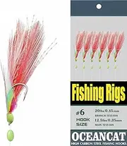 OCEAN CAT 10 Packs Sabiki 2pcs White & Red Feather & Rainbow Skin 6 Hooks Saltwater String Hook Fishing Luer Bait Rig Tackle