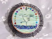 Handmade Embroidery Art Blue Heron Beadwork Rainbow Lakeview