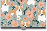 [LKHDS] Slim Aluminum Alloy Business Card Holder Corgi Floral Flowers Spring Garden Pocket Business Card Case Portable Business Card Wallet Business Card Holders Handheld Card Box for Women Men, style